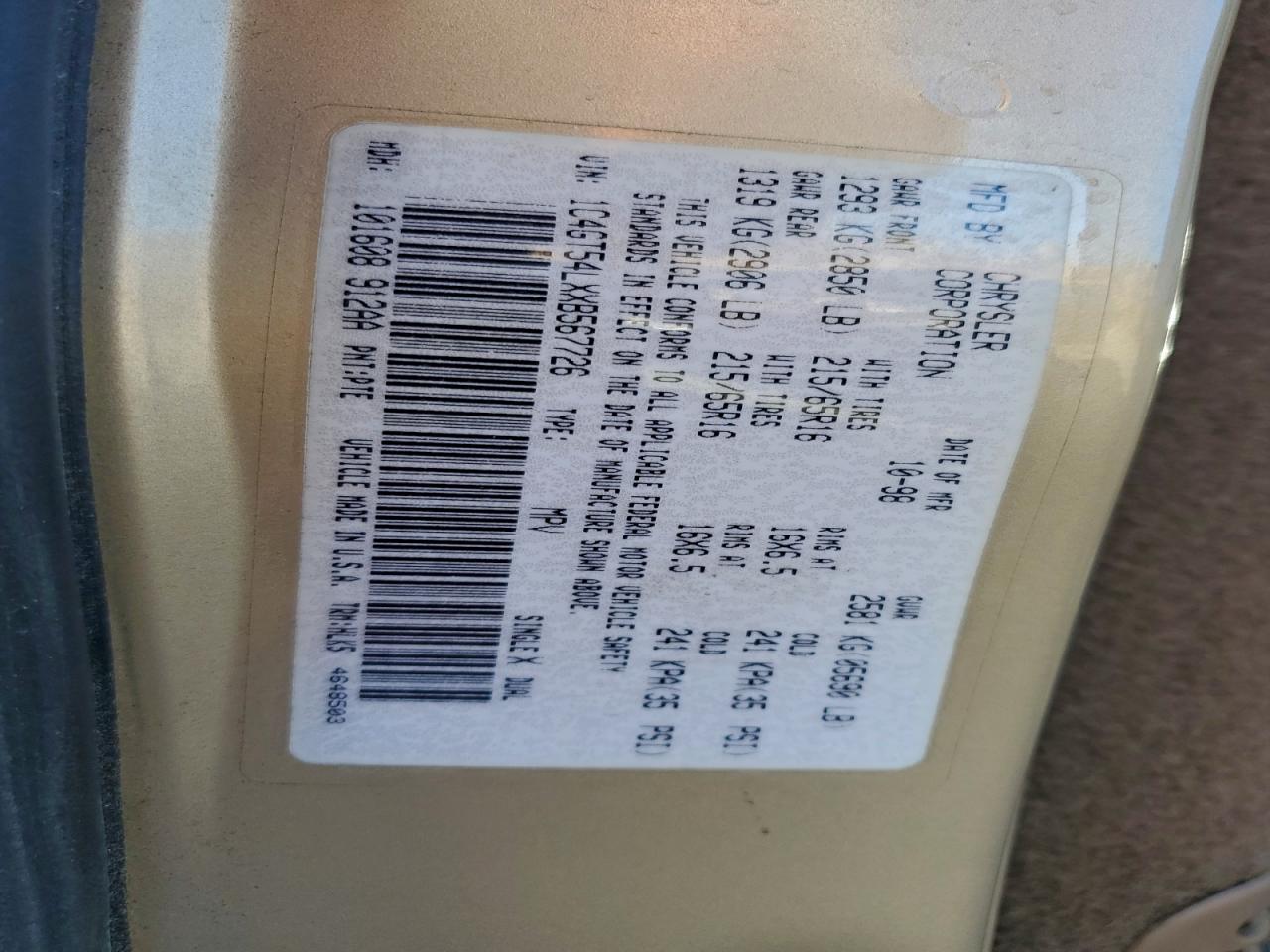 1999 Chrysler Town & Country Lx VIN: 1C4GT54LXXB567726 Lot: 94538005