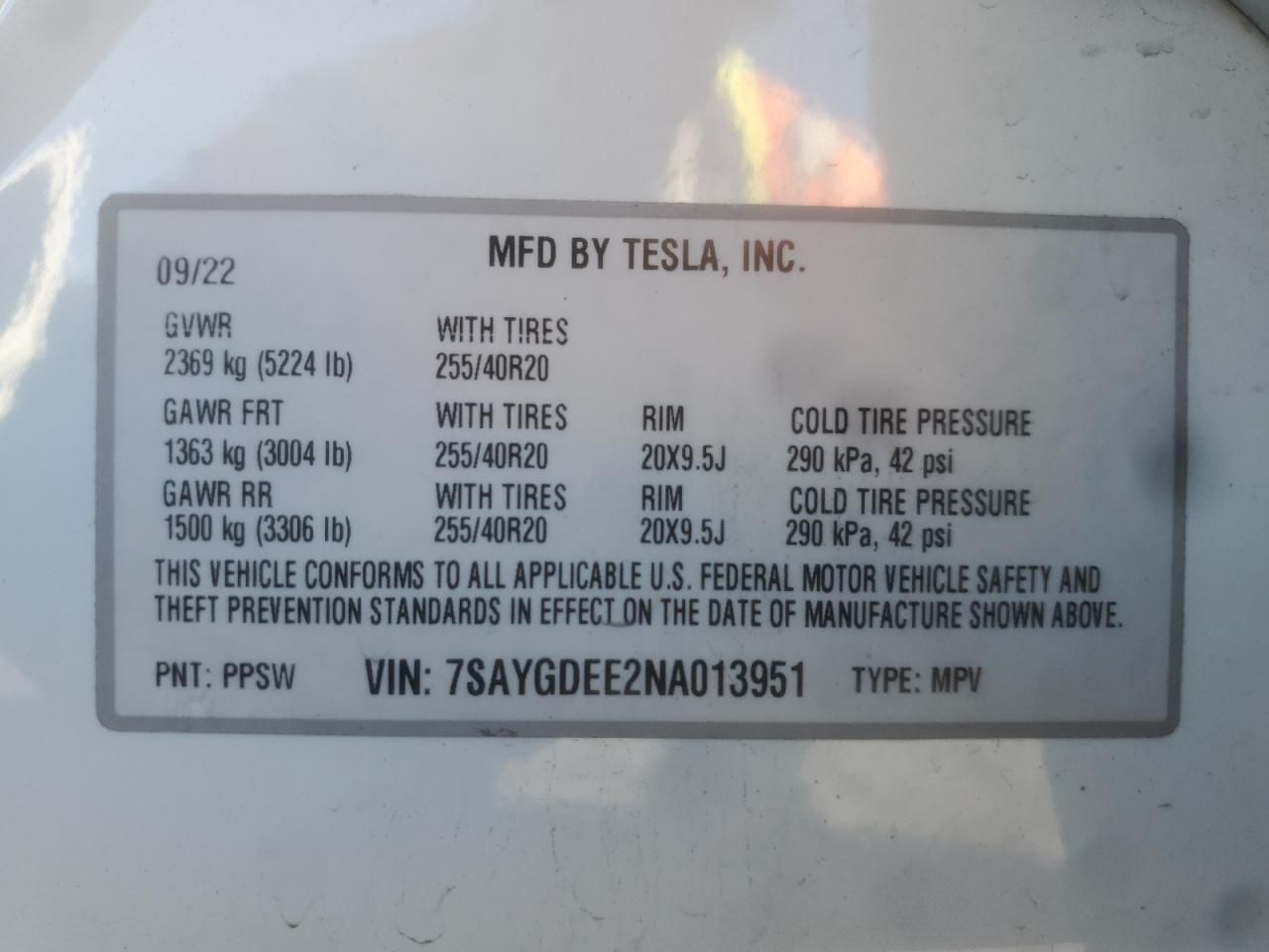 2022 Tesla Model Y VIN: 7SAYGDEE2NA013951 Lot: 91134385