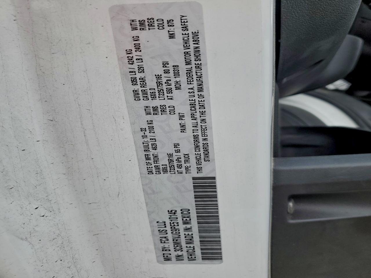 2023 Ram Promaster 3500 3500 High VIN: 3C6MRVJG9PE510145 Lot: 94185395