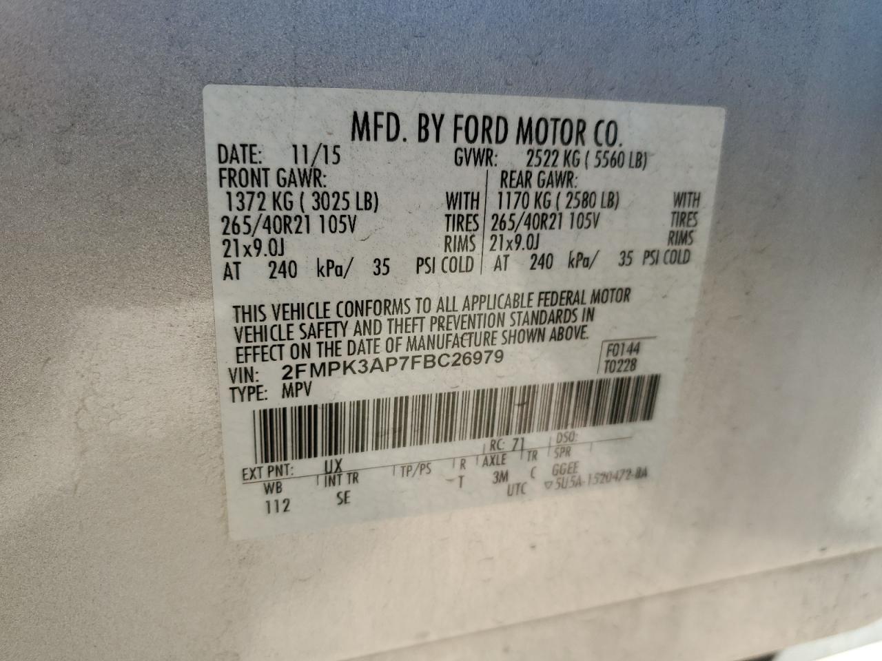 2015 Ford Edge Sport VIN: 2FMPK3AP7FBC26979 Lot: 91648995