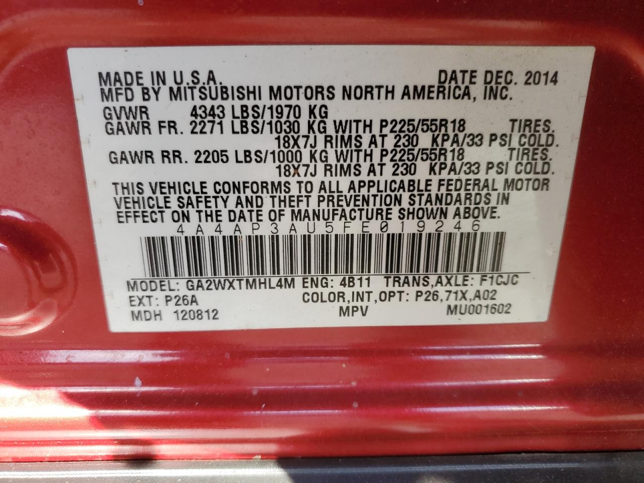 2015 Mitsubishi Outlander Sport Es VIN: 4A4AP3AU5FE019246 Lot: 92448565