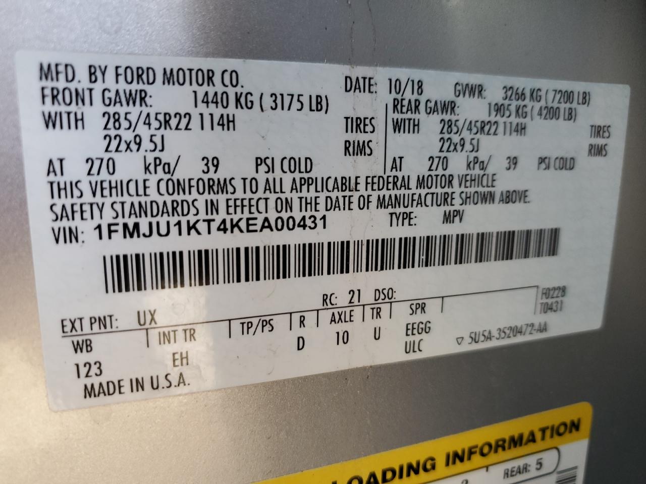2019 Ford Expedition Limited VIN: 1FMJU1KT4KEA00431 Lot: 91467685