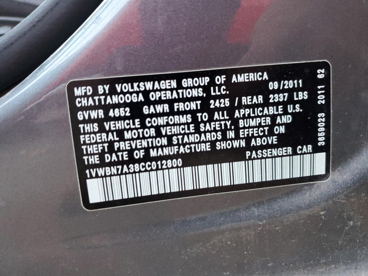 2012 Volkswagen Passat Se VIN: 1VWBN7A38CC012800 Lot: 91666795
