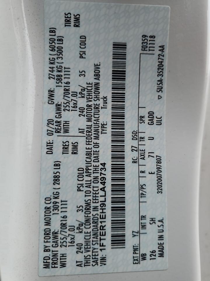 2020 Ford Ranger Xl VIN: 1FTER1EH9LLA49734 Lot: 93047565