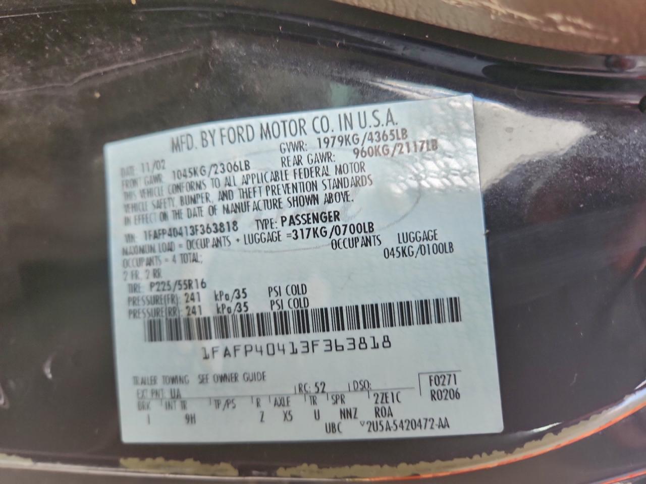 2003 Ford Mustang VIN: 1FAFP40413F363818 Lot: 94258615