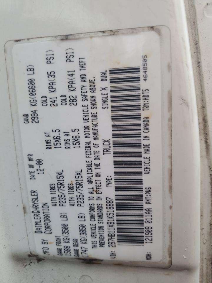 2001 Dodge Ram Van B1 Delivery Van VIN: 2B7HB11X81K518887 Lot: 93573115