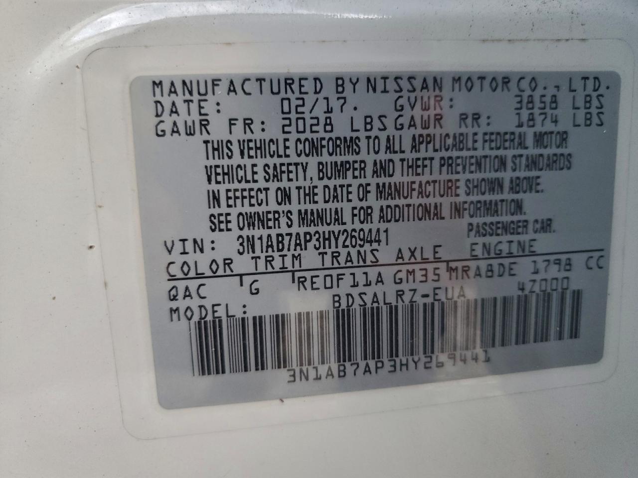 2017 Nissan Sentra S VIN: 3N1AB7AP3HY269441 Lot: 94299665