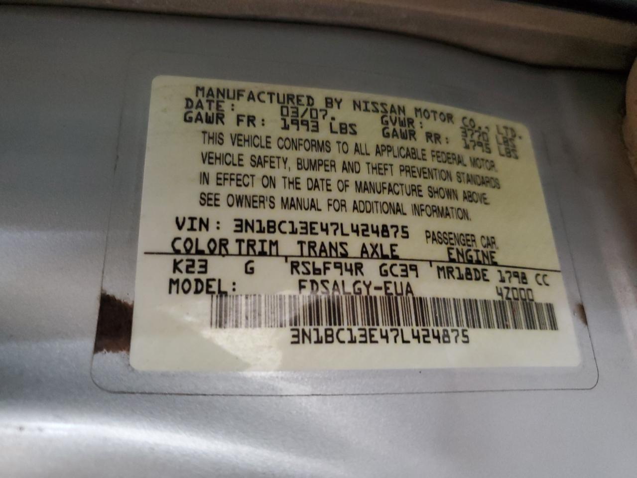 2007 Nissan Versa S VIN: 3N1BC13E47L424875 Lot: 93448565