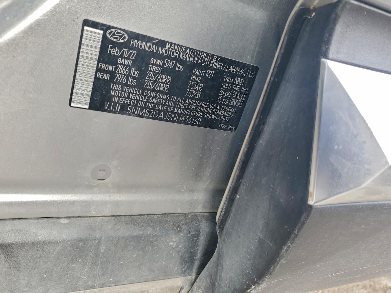 2022 Hyundai Santa Fe Sel VIN: 5NMS2DAJ5NH433130 Lot: 94331445