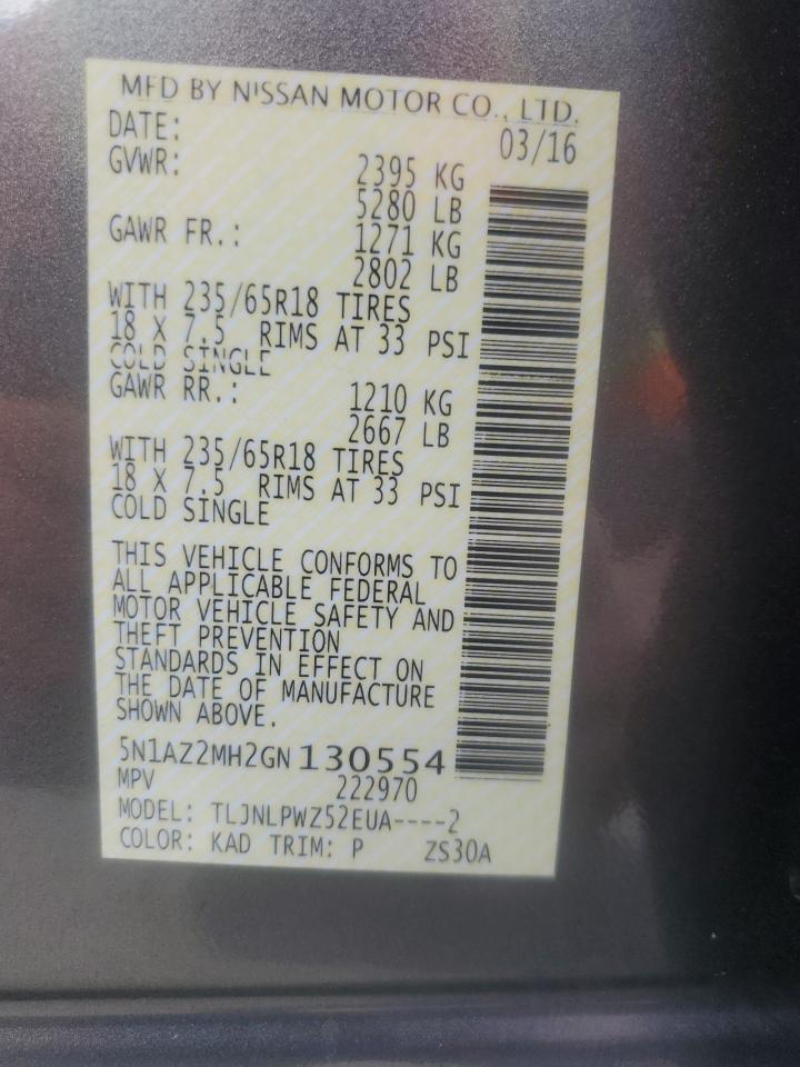 2016 Nissan Murano S VIN: 5N1AZ2MH2GN130554 Lot: 93485215