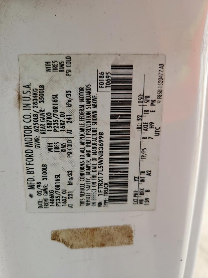 1998 Ford F150 VIN: 1FTRX17L5WNB36998 Lot: 93423715