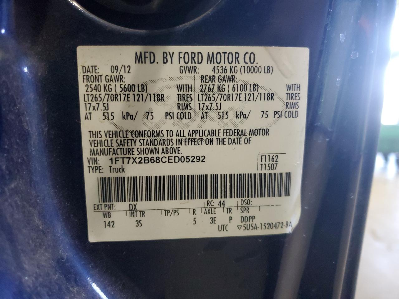 2012 Ford F250 Super Duty VIN: 1FT7X2B68CED05292 Lot: 92297115