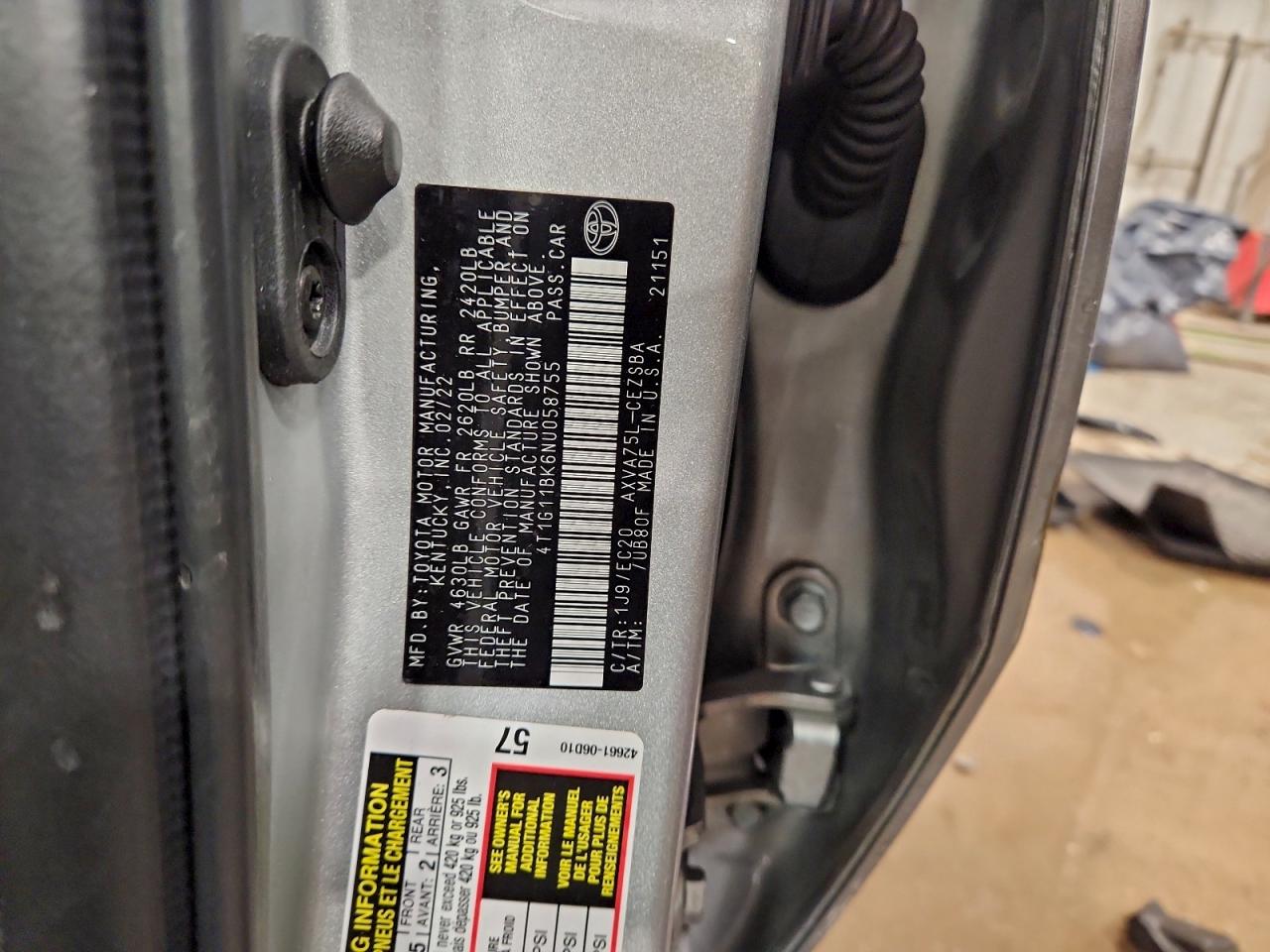 2022 Toyota Camry Se VIN: 4T1G11BK6NU058755 Lot: 94460365