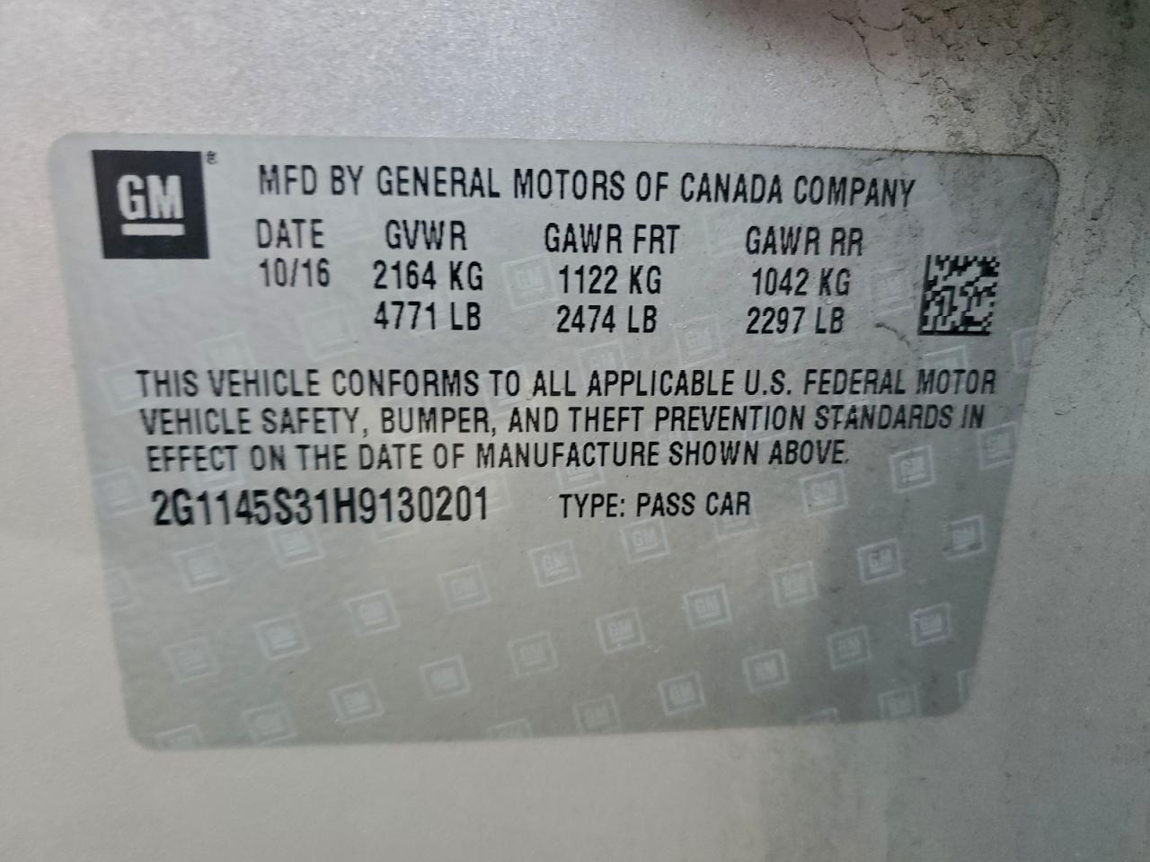 2017 Chevrolet Impala Premier VIN: 2G1145S31H9130201 Lot: 94136845