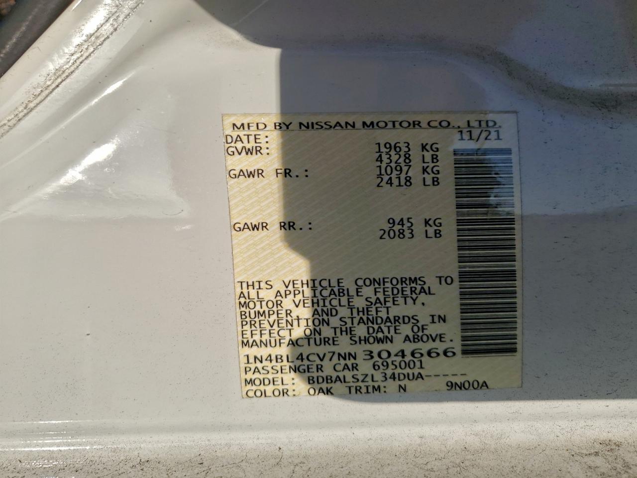 2022 Nissan Altima Sr VIN: 1N4BL4CV7NN304666 Lot: 93952225