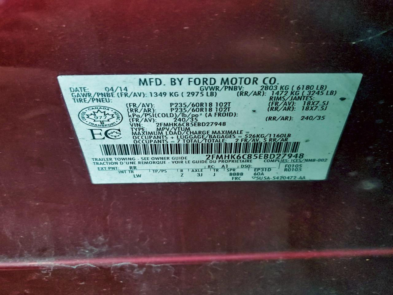 2014 Ford Flex Sel VIN: 2FMHK6C85EBD27948 Lot: 93952945