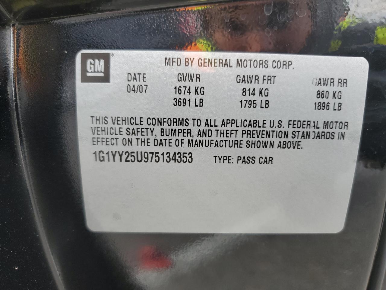 2007 Chevrolet Corvette VIN: 1G1YY25U975134353 Lot: 92313285