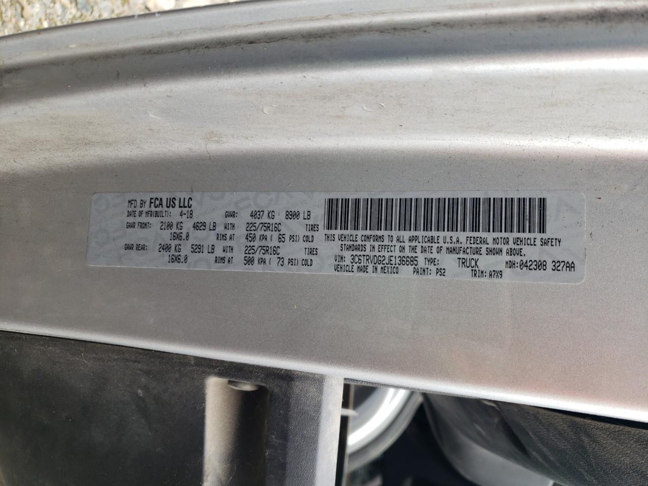 2018 Ram Promaster Delivery Van VIN: 3C6TRVDG2JE136685 Lot: 92926985