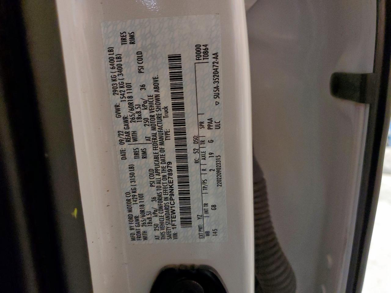 2022 Ford F150 Supercrew VIN: 1FTEW1CP9NKE78979 Lot: 93289435