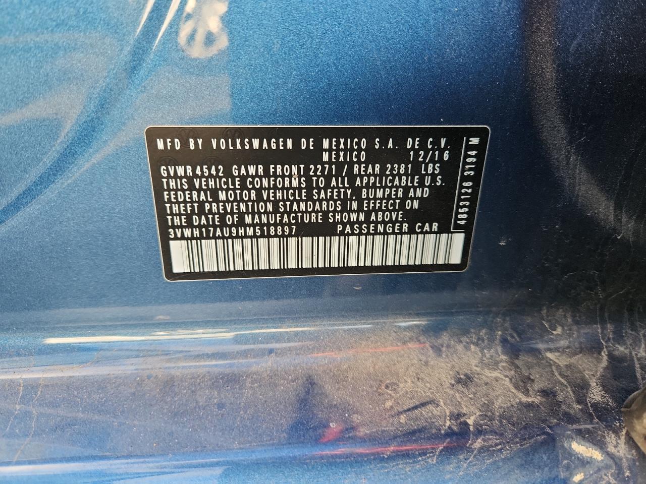 2017 Volkswagen Golf Alltrack S VIN: 3VWH17AU9HM518897 Lot: 92276315