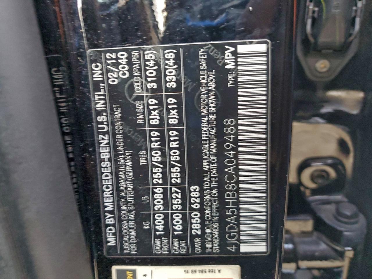 2012 Mercedes-Benz Ml 350 4Matic VIN: 4JGDA5HB8CA049488 Lot: 93885325