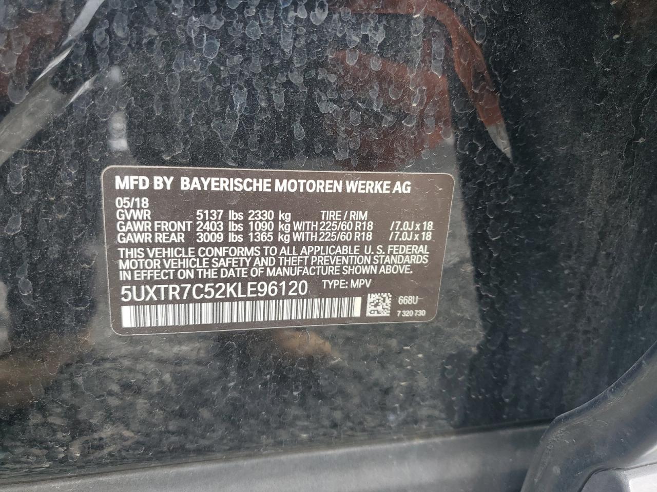 2019 BMW X3 Sdrive30I VIN: 5UXTR7C52KLE96120 Lot: 93440885