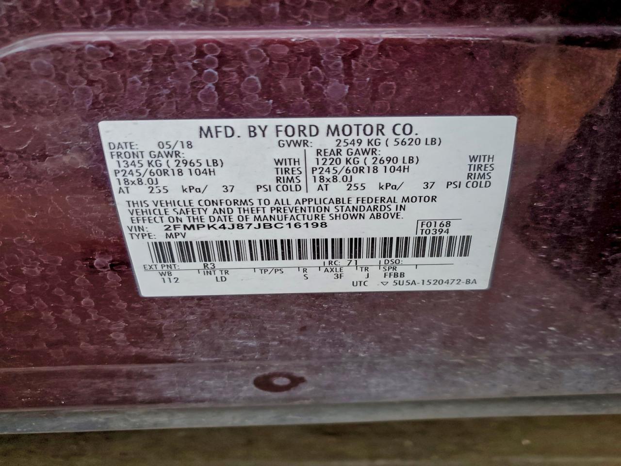 2018 Ford Edge Sel VIN: 2FMPK4J87JBC16198 Lot: 94152495