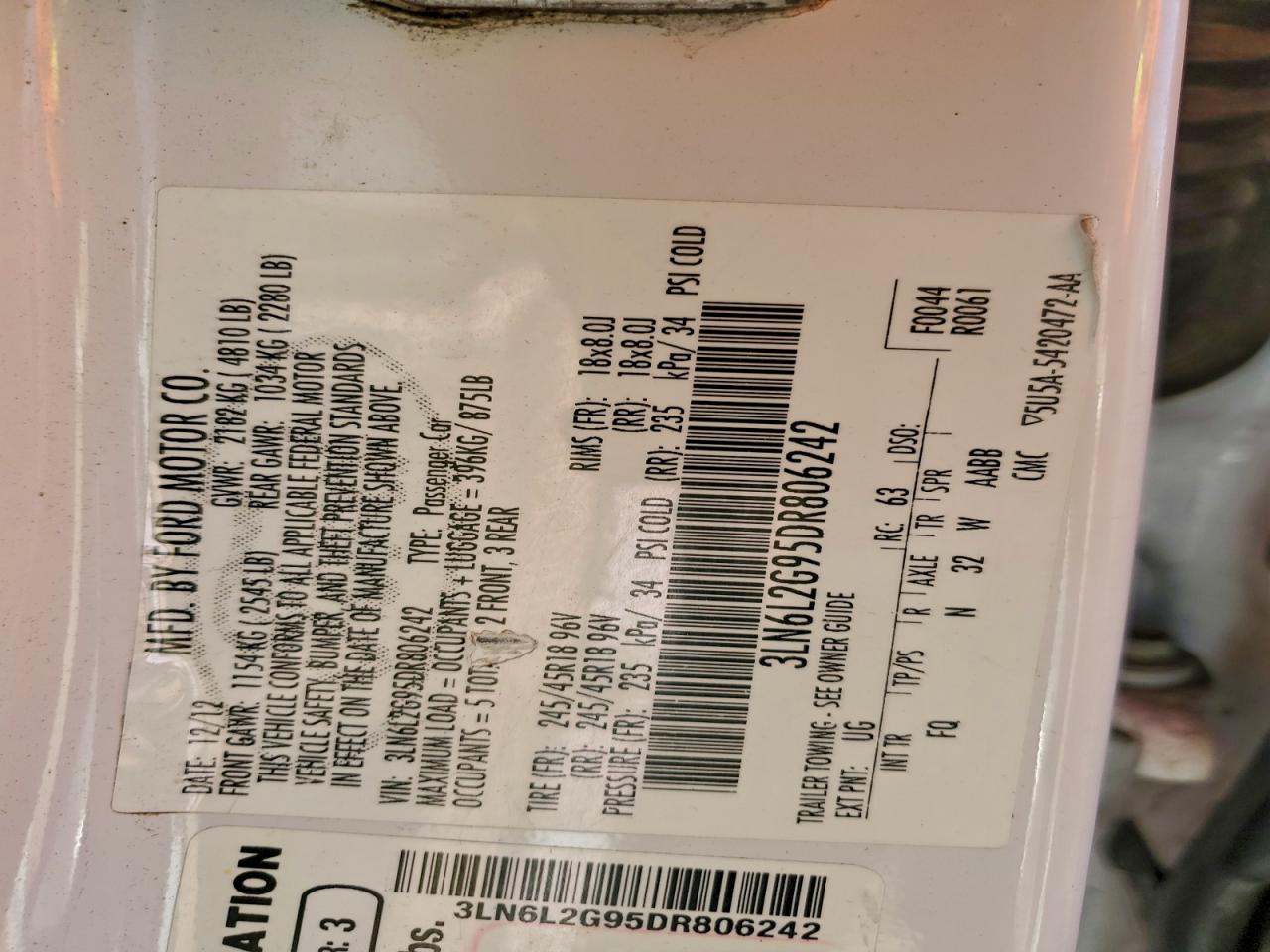 2013 Lincoln Mkz VIN: 3LN6L2G95DR806242 Lot: 91271325