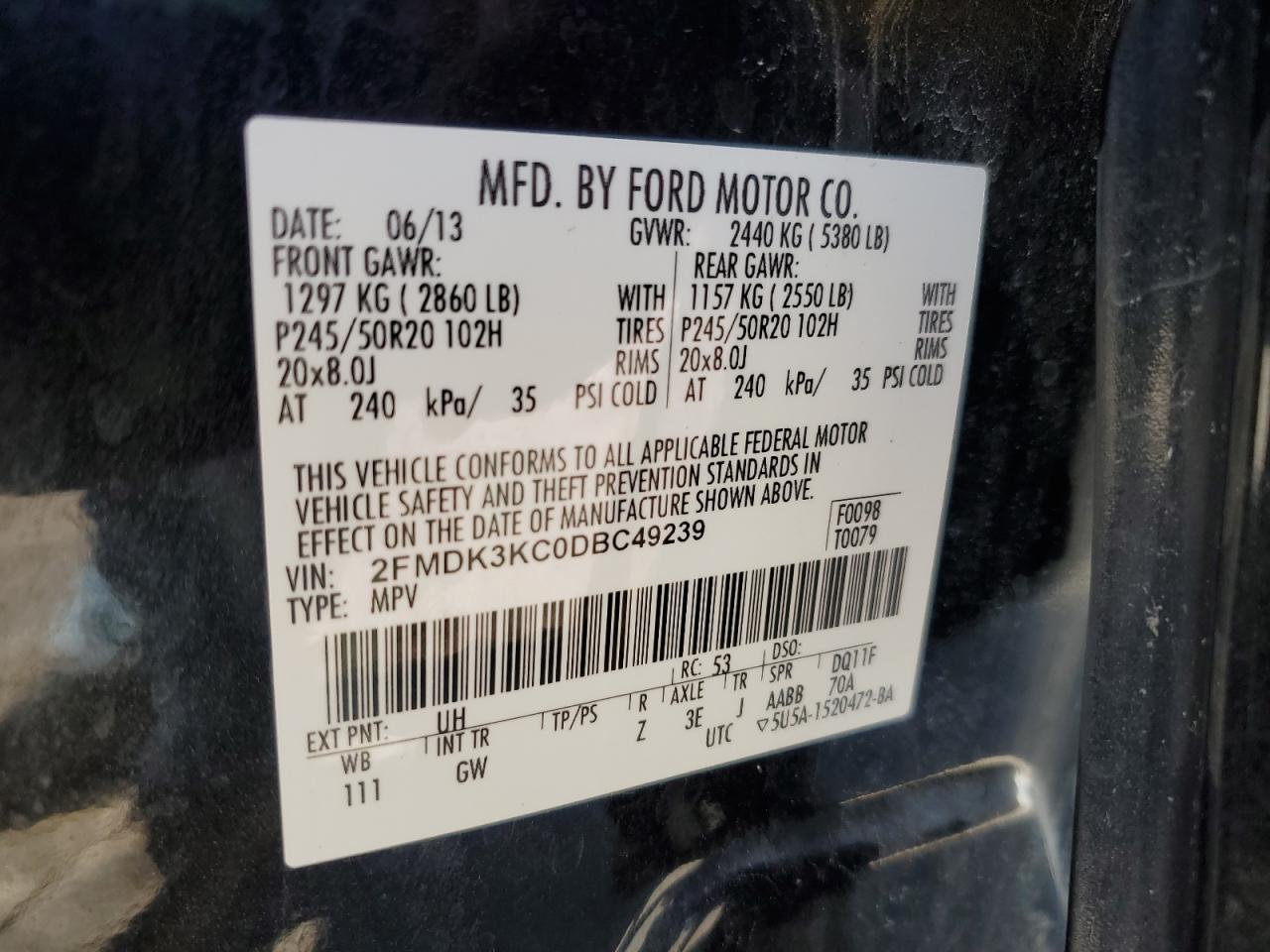 2013 Ford Edge Limited VIN: 2FMDK3KC0DBC49239 Lot: 91130535