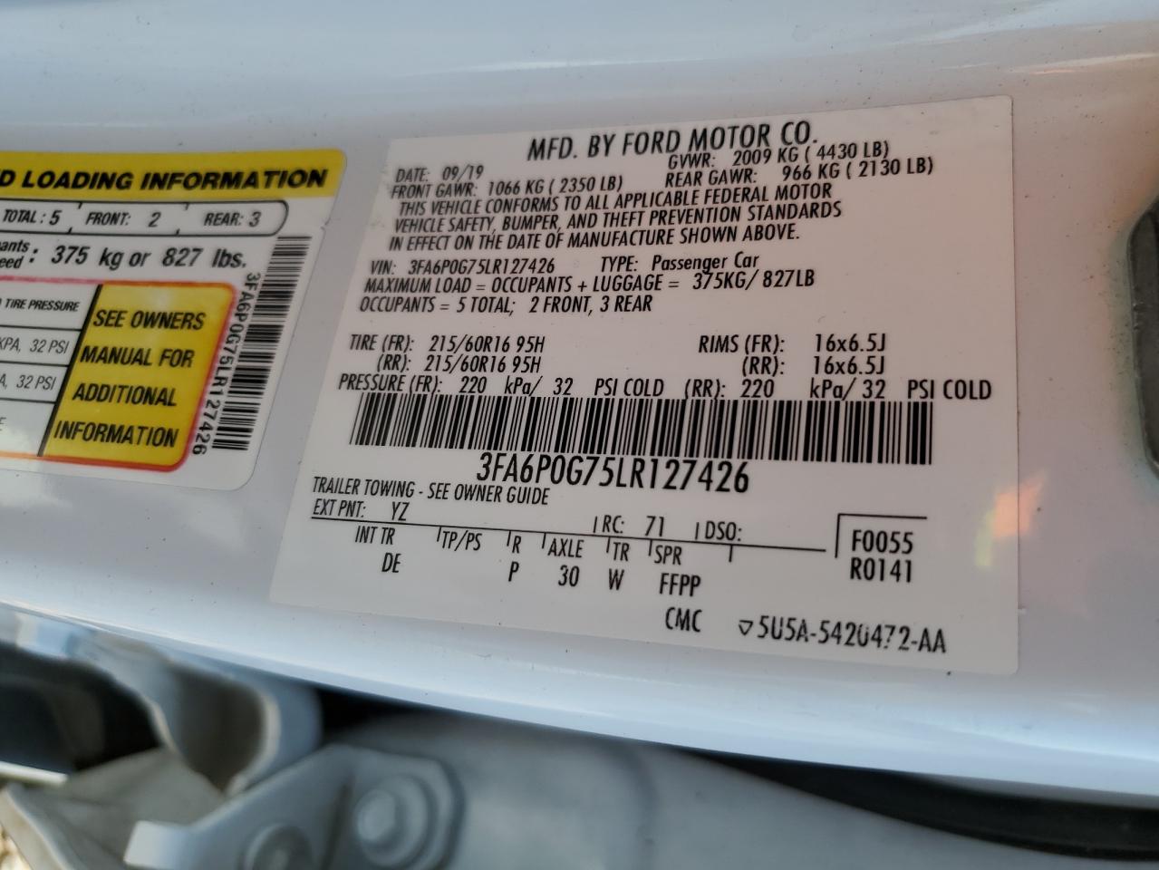 2020 Ford Fusion S VIN: 3FA6P0G75LR127426 Lot: 90746605