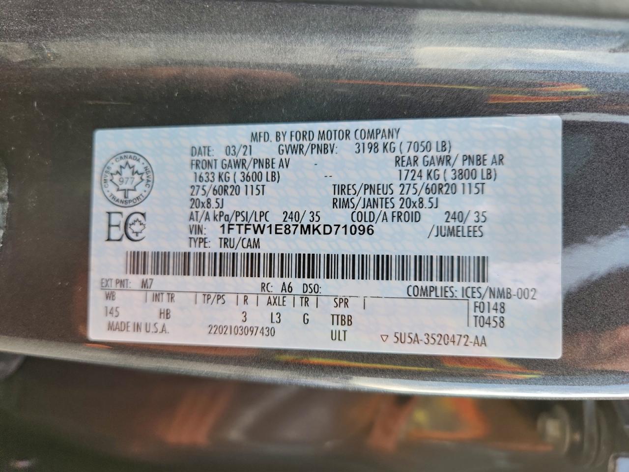 2021 Ford F150 Supercrew VIN: 1FTFW1E87MKD71096 Lot: 94343625