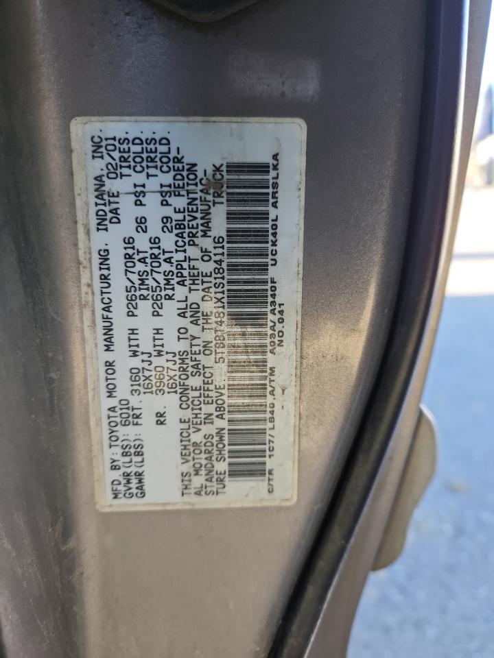 2001 Toyota Tundra Access Cab Limited VIN: 5TBBT481X1S184116 Lot: 93013685
