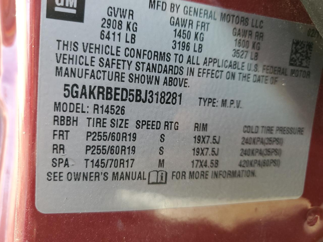 2011 Buick Enclave Cxl VIN: 5GAKRBED5BJ318281 Lot: 93040305