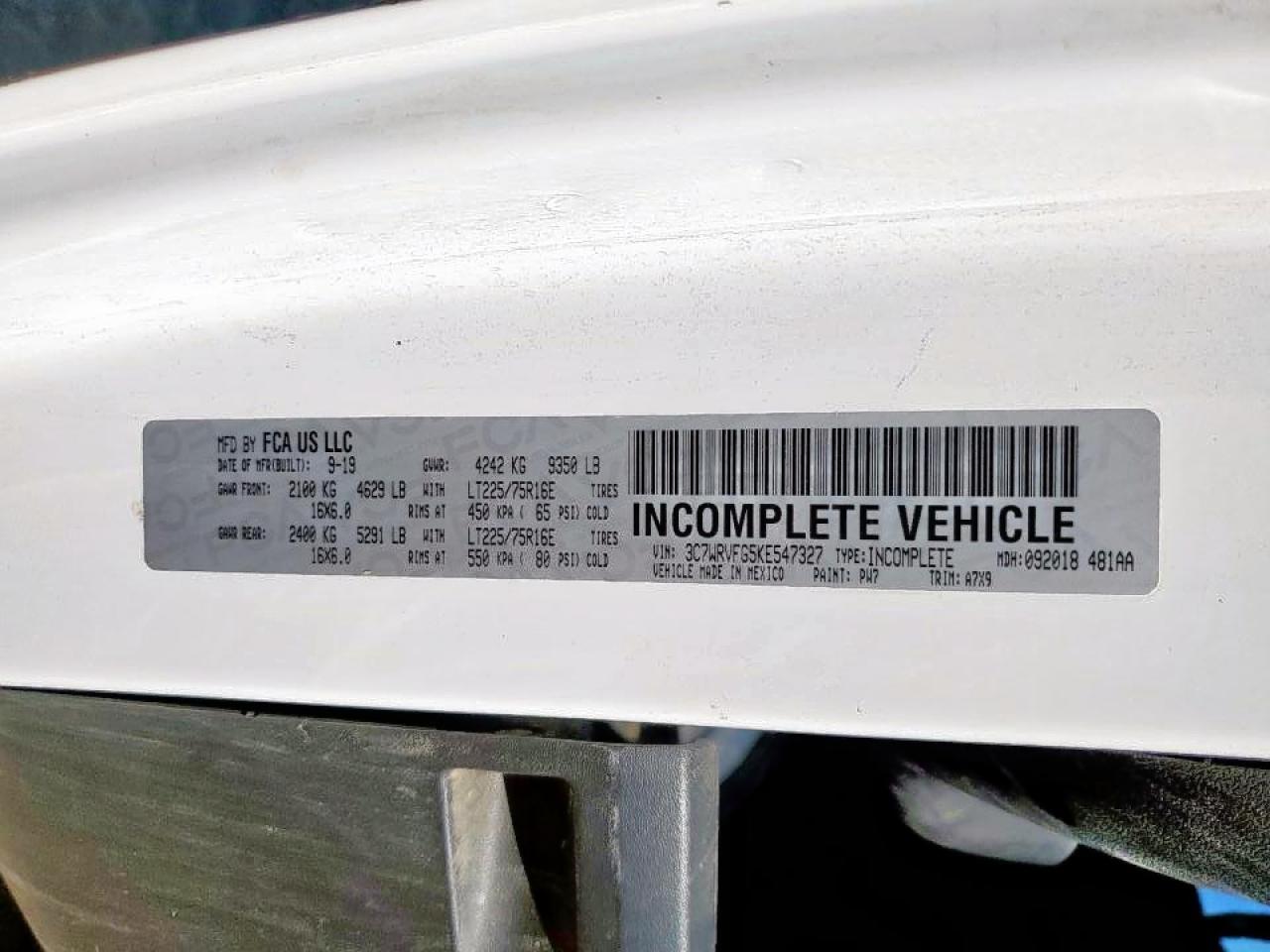 2019 Ram Promaster 3500 Box Truck VIN: 3C7WRVFG5KE547327 Lot: 90936565