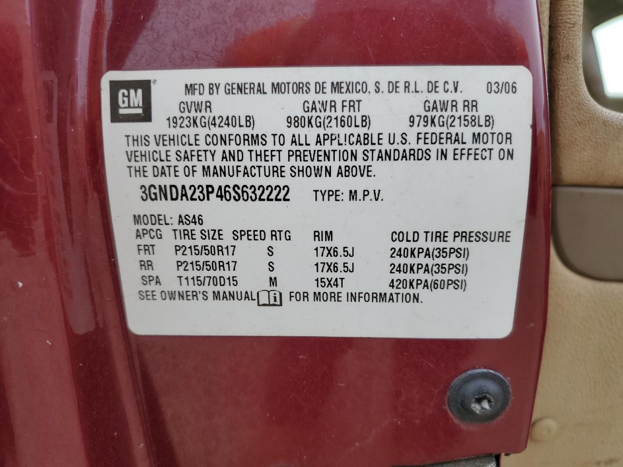 2006 Chevrolet Hhr Lt VIN: 3GNDA23P46S632222 Lot: 92738095