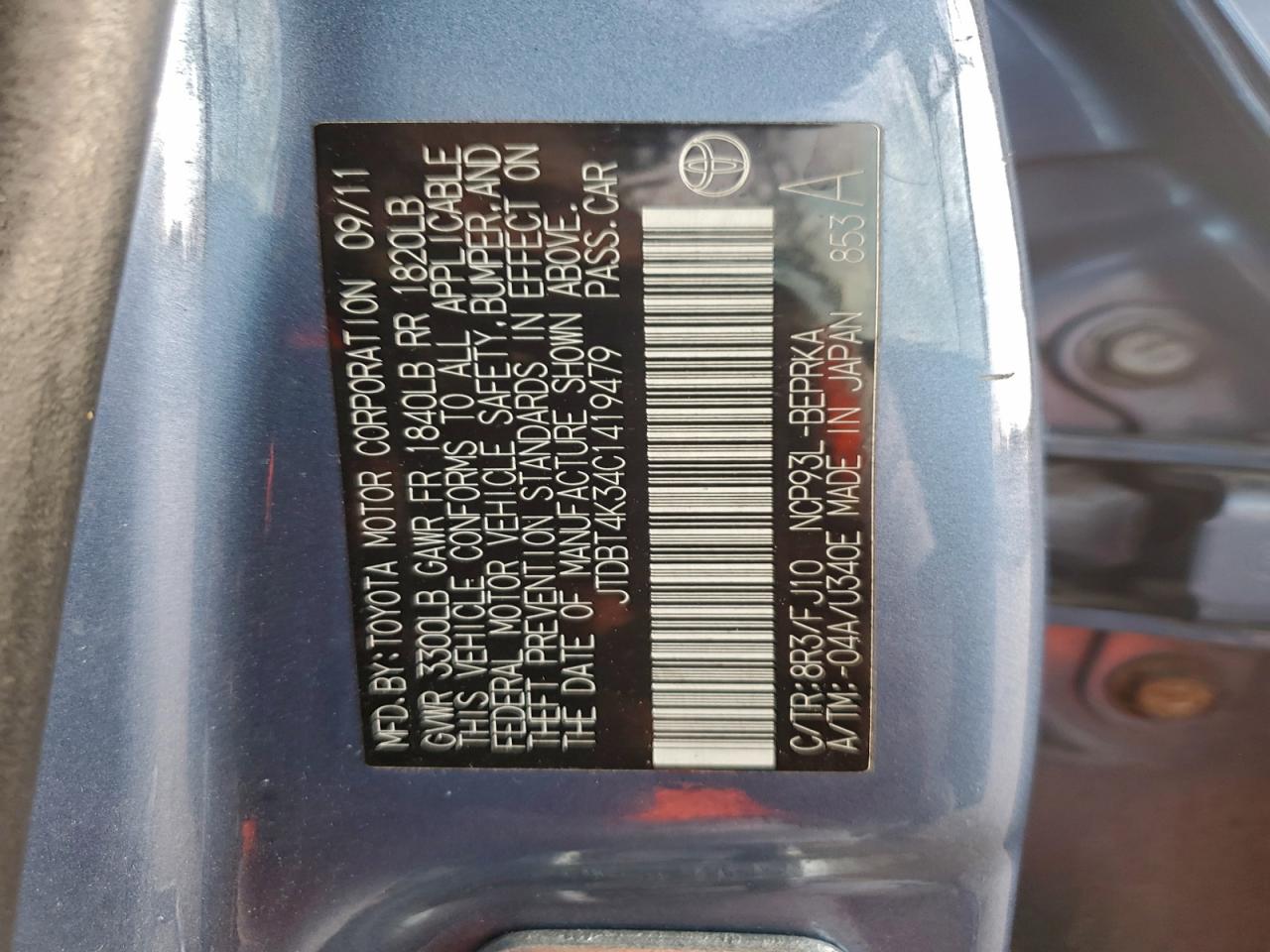 2012 Toyota Yaris VIN: JTDBT4K34C1419479 Lot: 92947915