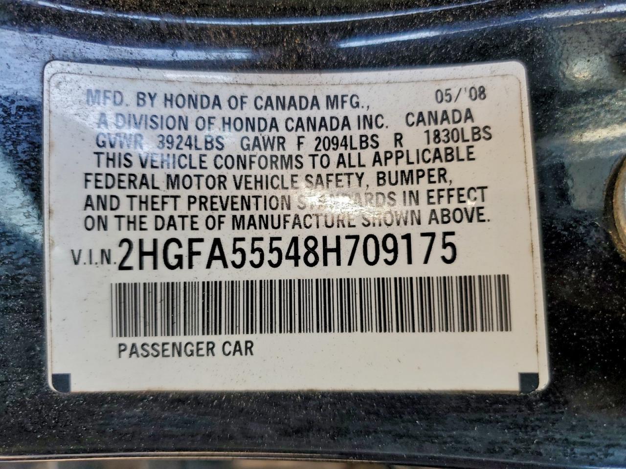 2008 Honda Civic Si VIN: 2HGFA55548H709175 Lot: 94099875