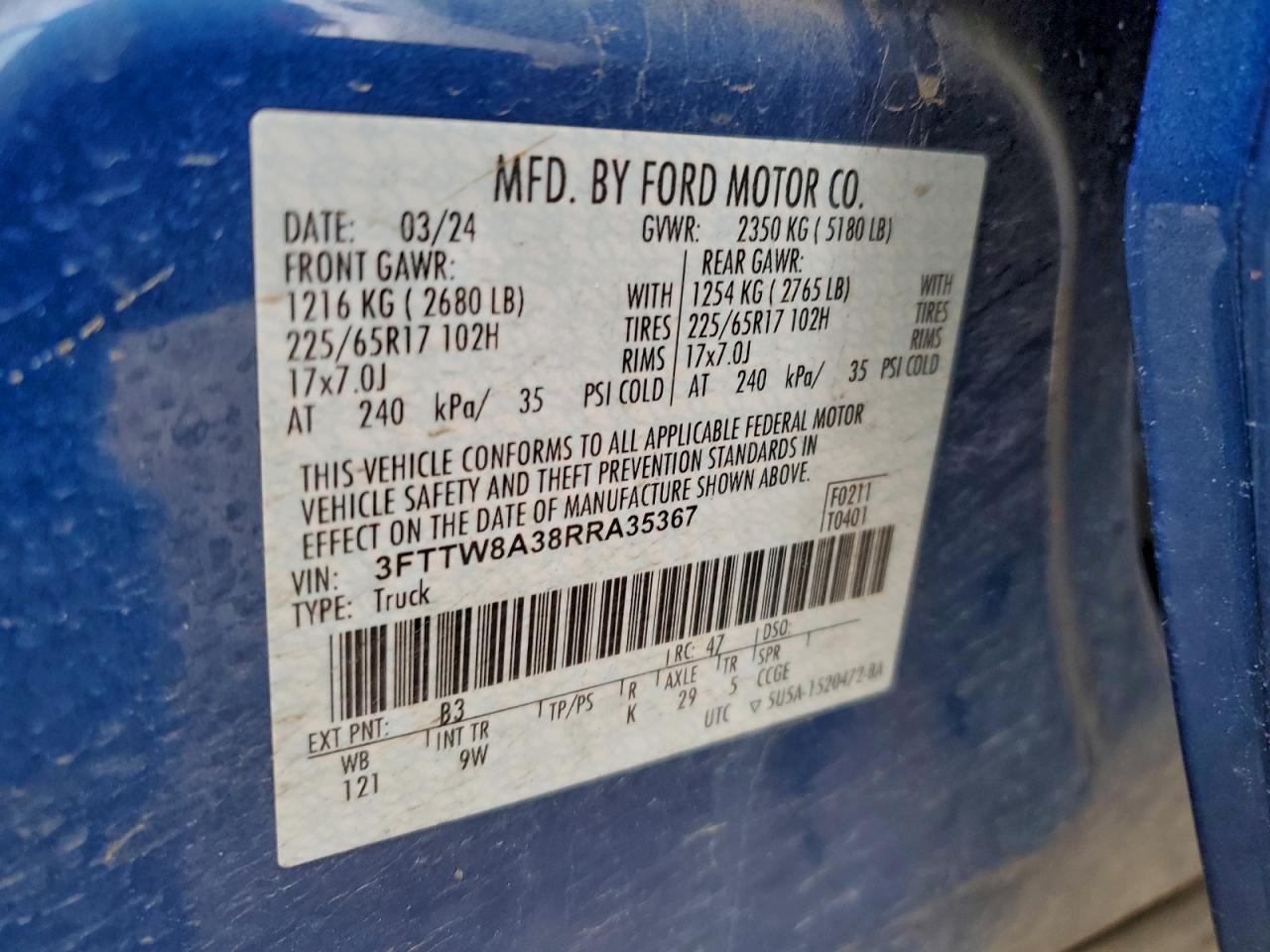 2024 Ford Maverick Xl VIN: 3FTTW8A38RRA35367 Lot: 93890875