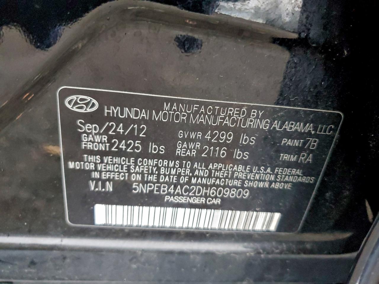 2013 Hyundai Sonata Gls VIN: 5NPEB4AC2DH609809 Lot: 94418265