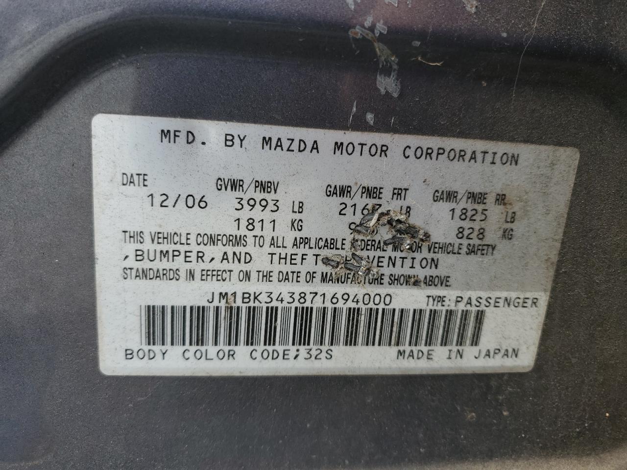 2007 Mazda 3 Hatchback VIN: JM1BK343871694000 Lot: 93005975