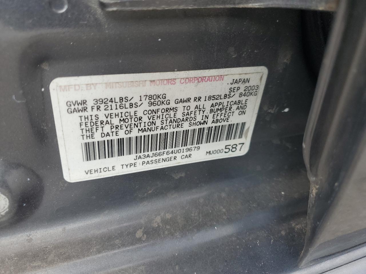 2004 Mitsubishi Lancer Ralliart VIN: JA3AJ66F64U019679 Lot: 92305635