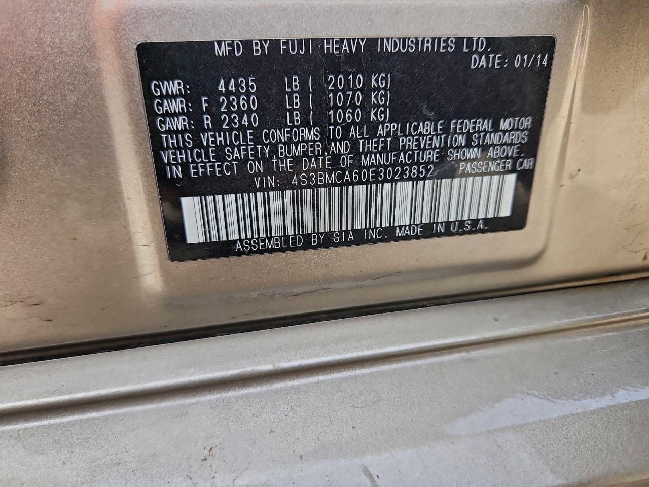 2014 Subaru Legacy 2.5I VIN: 4S3BMCA60E3023852 Lot: 93464905