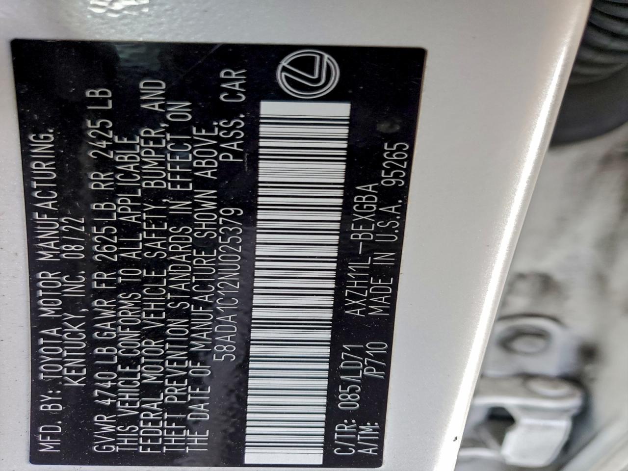 2022 Lexus Es 300H Base VIN: 58ADA1C12NU025379 Lot: 94417985