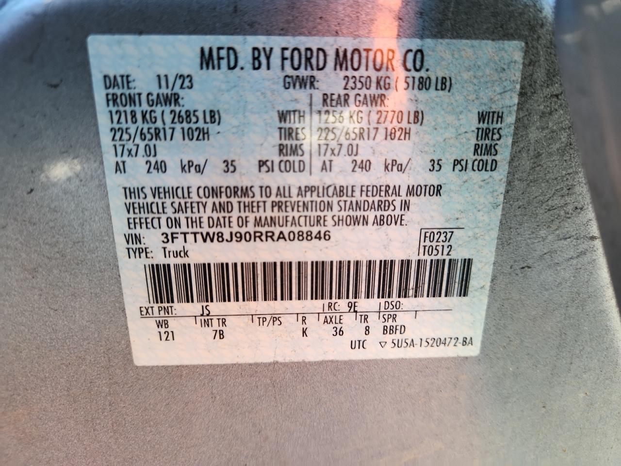 2024 Ford Maverick Xlt VIN: 3FTTW8J90RRA08846 Lot: 92890145