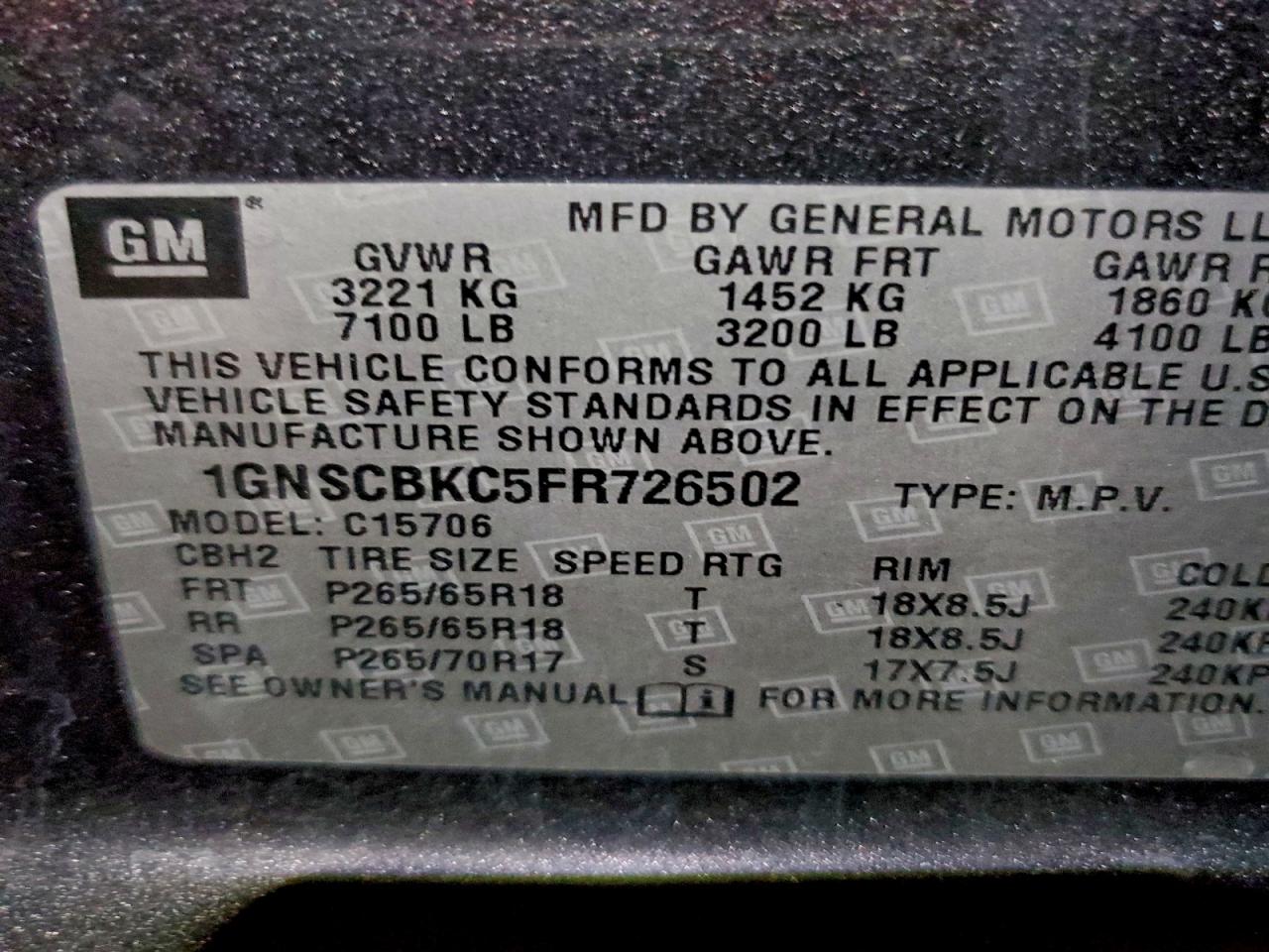 2015 Chevrolet Tahoe C1500 Lt VIN: 1GNSCBKC5FR726502 Lot: 95015145