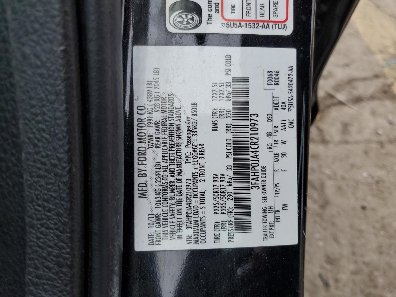 2012 Ford Fusion Sel VIN: 3FAHP0JA4CR210973 Lot: 93173485