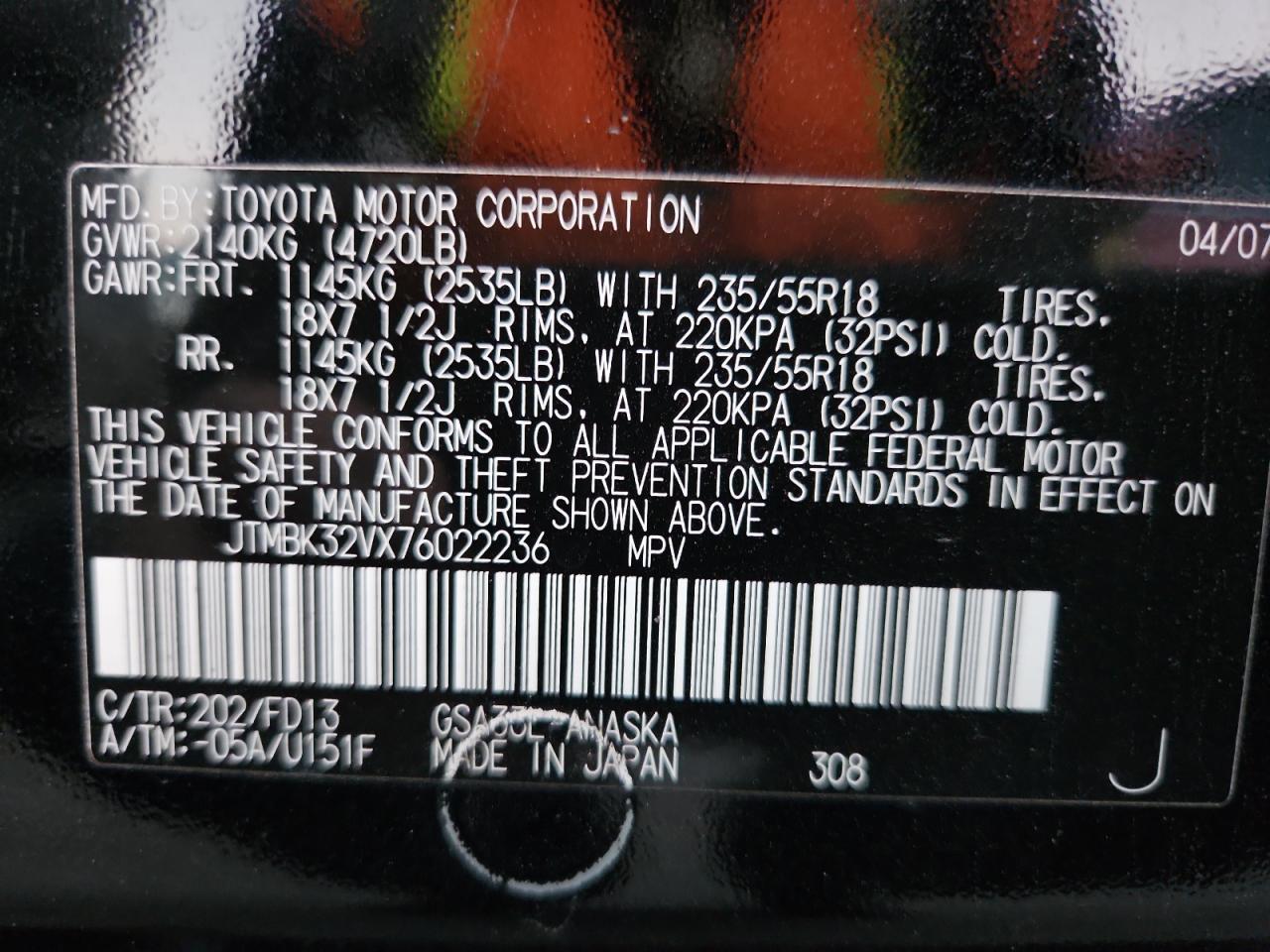 2007 Toyota Rav4 Sport VIN: JTMBK32VX76022236 Lot: 93327675