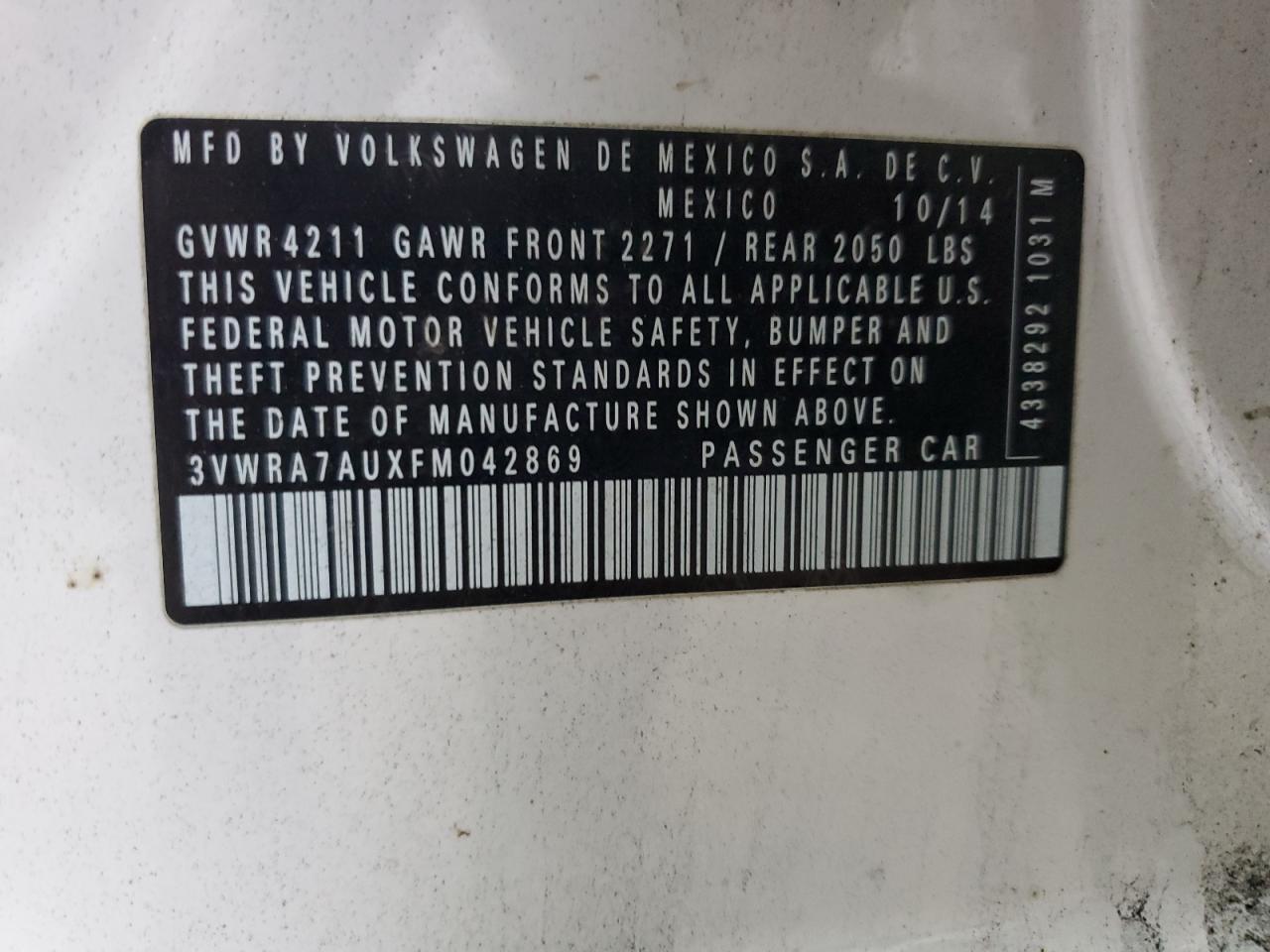 2015 Volkswagen Golf Tdi VIN: 3VWRA7AUXFM042869 Lot: 91912725