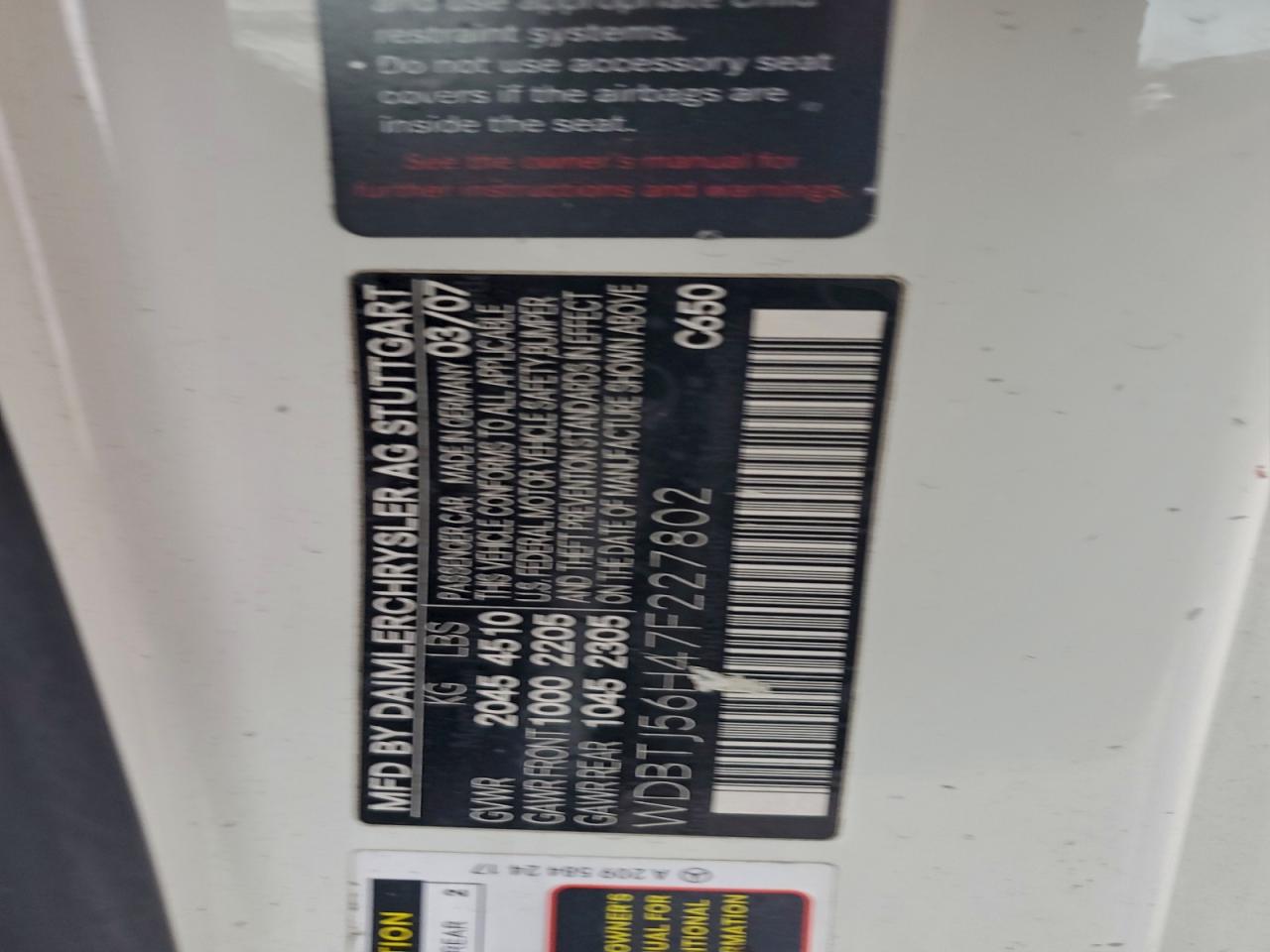 2007 Mercedes-Benz Clk 350 VIN: WDBTJ56H47F227802 Lot: 94360975