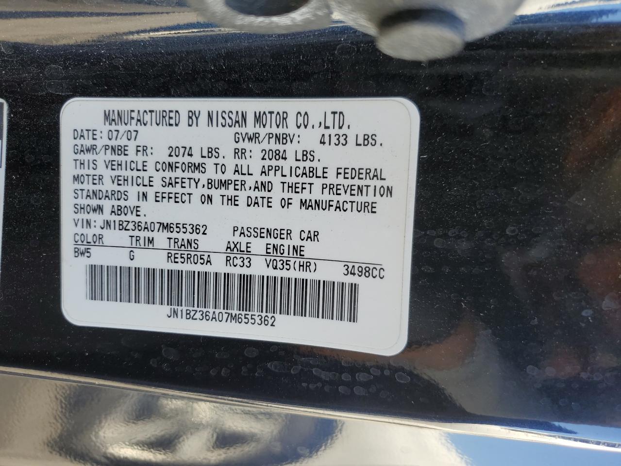 2007 Nissan 350Z Roadster VIN: JN1BZ36A07M655362 Lot: 90894195